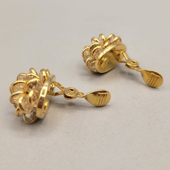 Monet Crystal Flower Clusters Gold Tone Clip-On Earrings Layered 3D - Picture 6 of 6